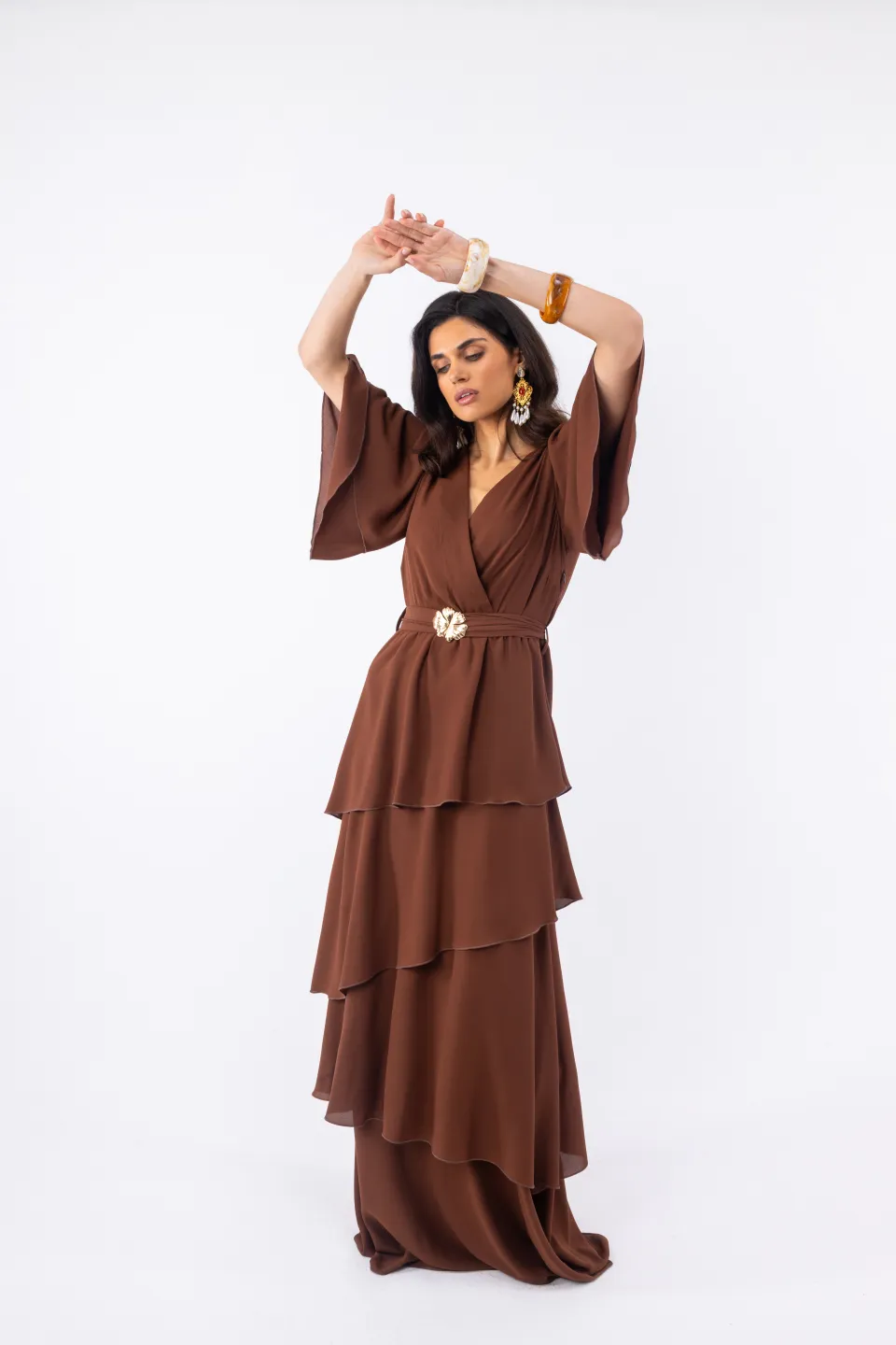 Open Maxi Φόρεμα Κρουαζέ με Βολάν Μανίκια και Ζώνη Μέσης | Καφέ