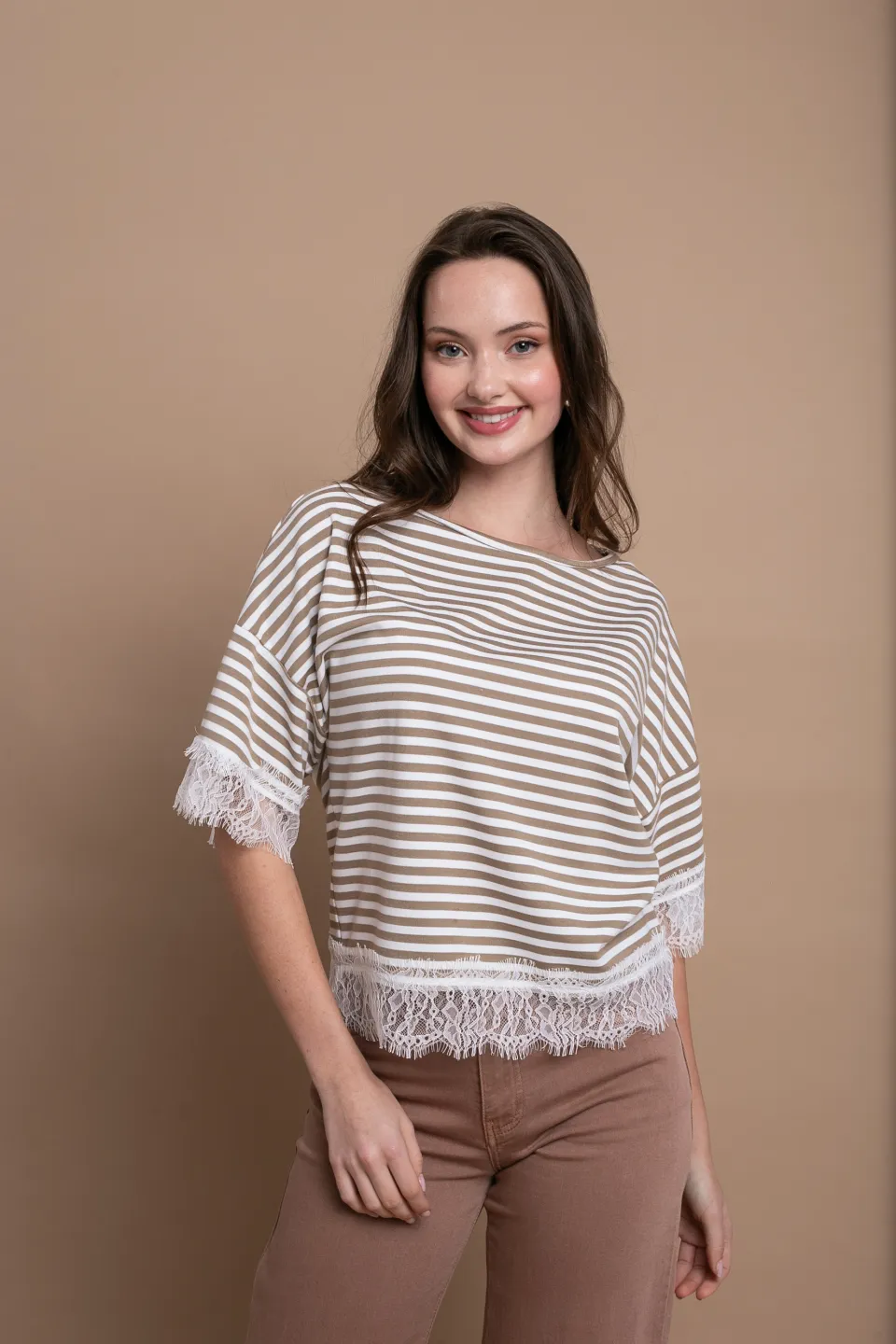 Open Μπλούζα Ριγέ με Δαντέλα | Μπεζ