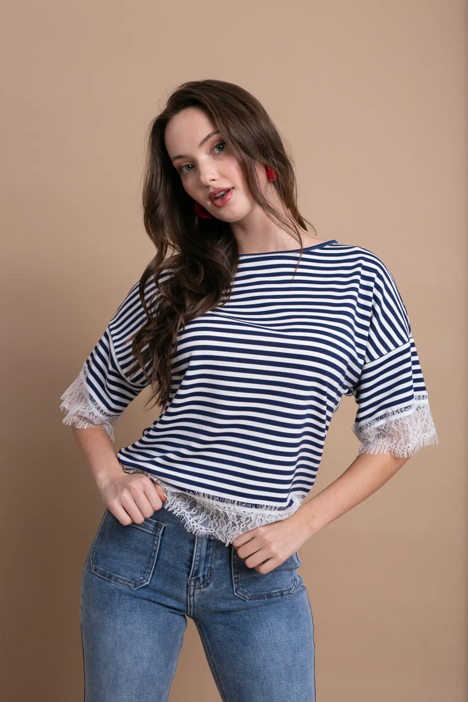 Open Μπλούζα Ριγέ με Δαντέλα | Μπλε