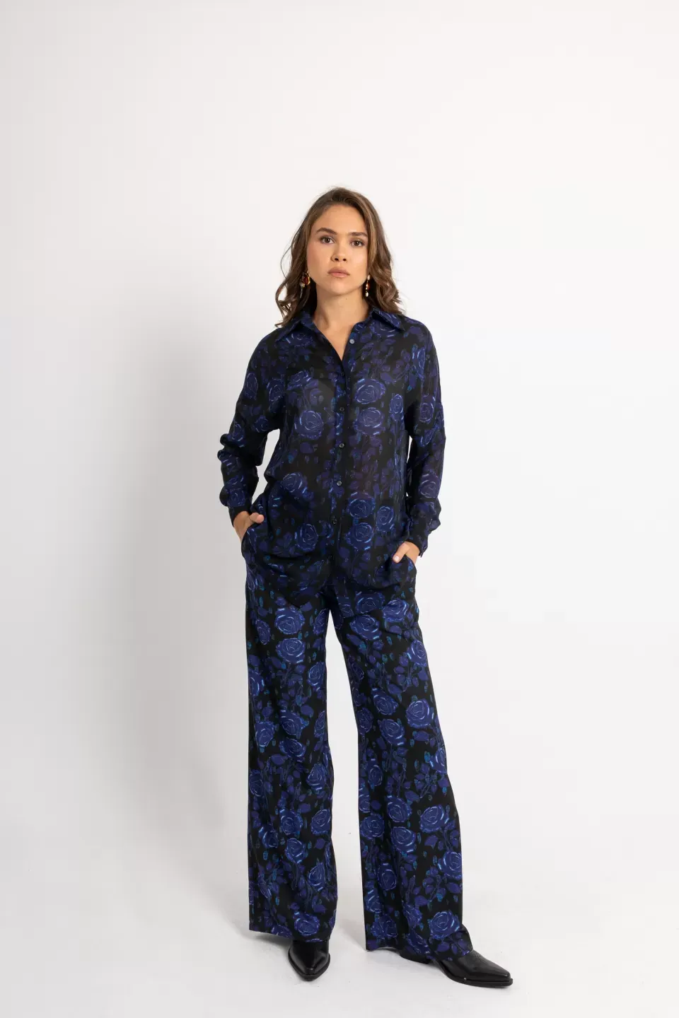 OPEN Σετ Πουκάμισο-Παντελόνι με Τριαντάφυλλα Μπλε