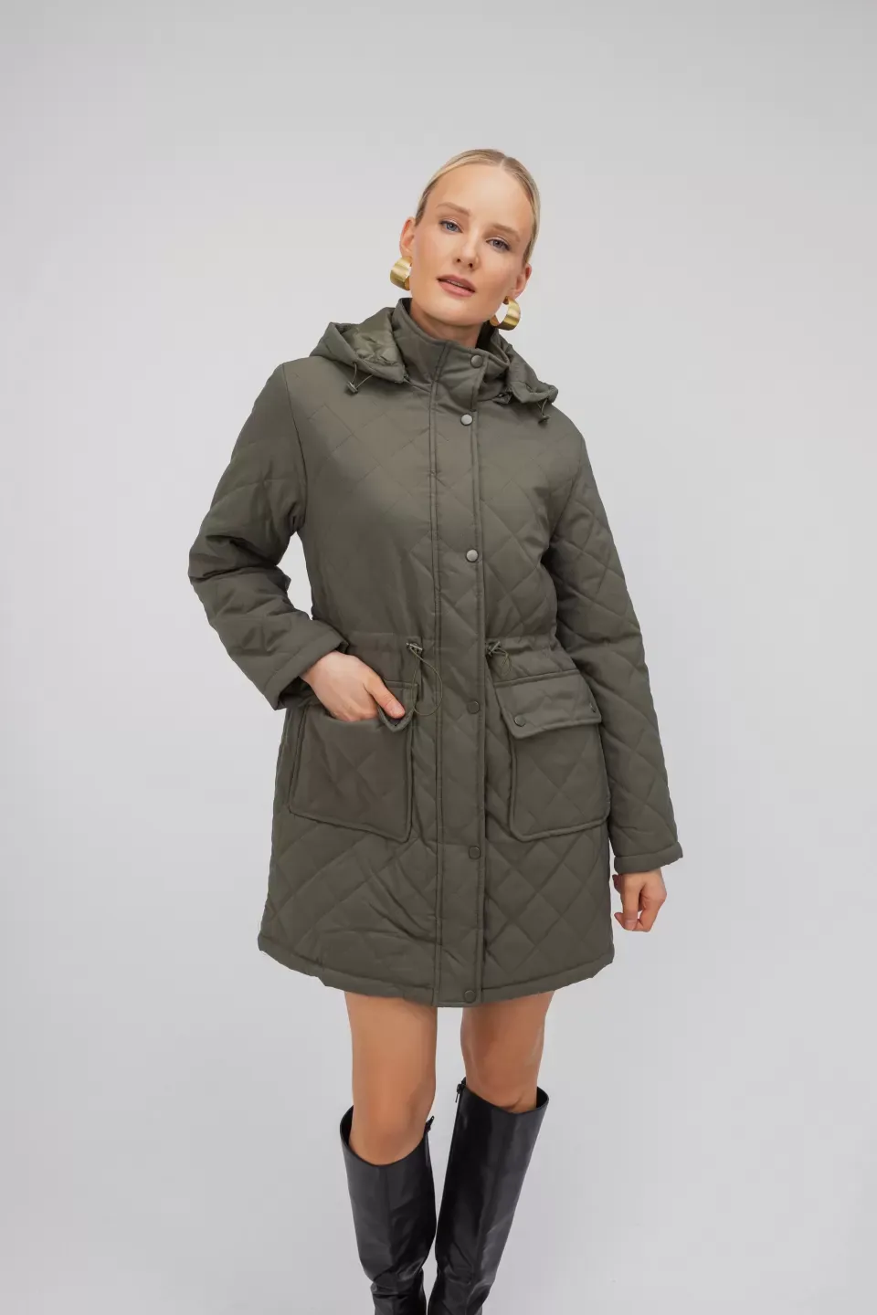 OPEN Μπουφάν Καπιτονέ Χακί με Φερμουάρ και Κουκούλα