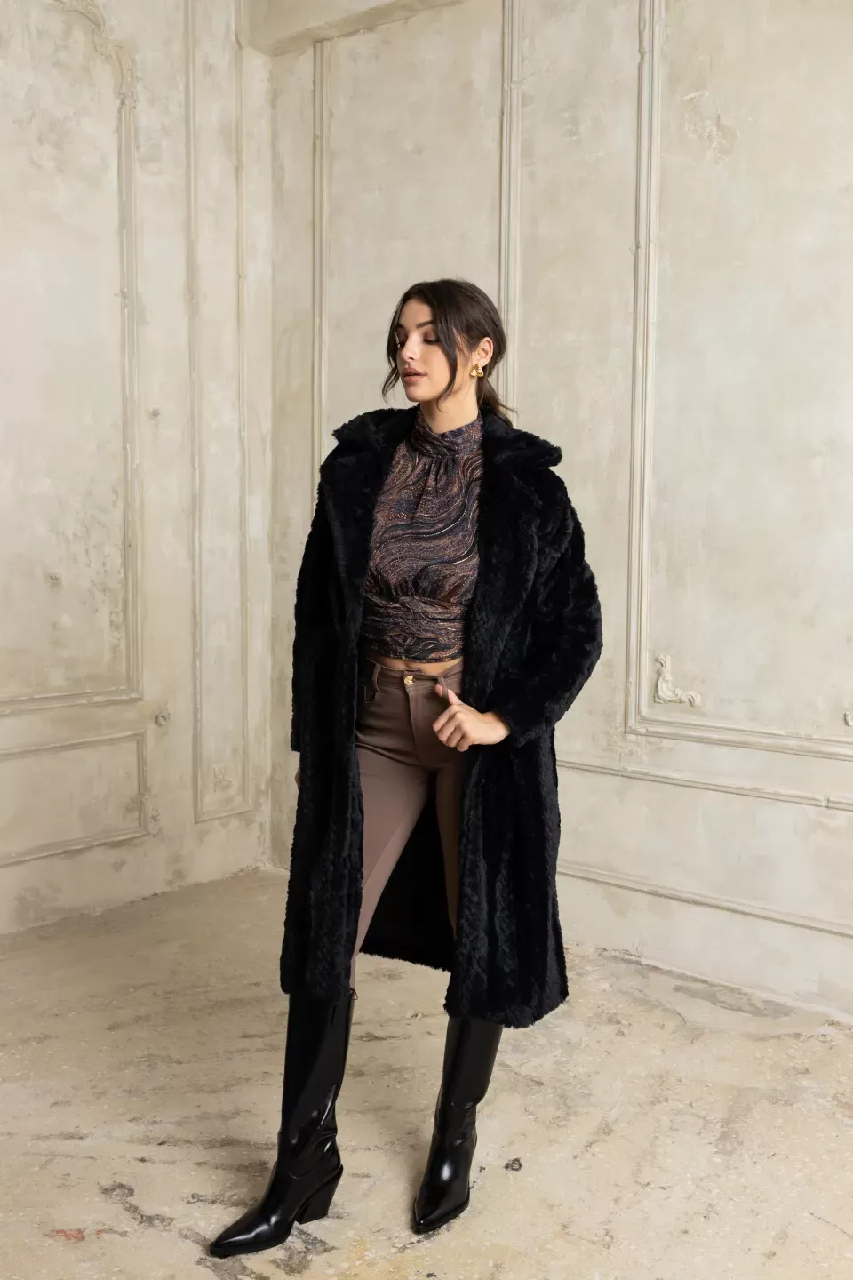 Open Γούνα fluffy μακριά μαύρη