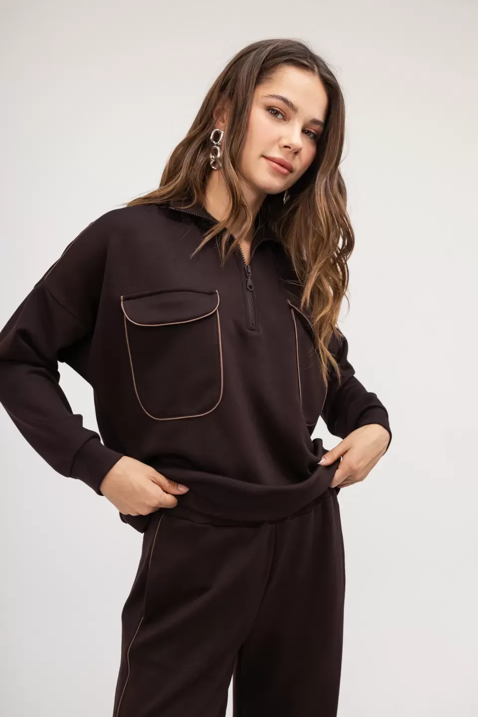 OPEN Σετ Φόρμα-Φούτερ Καφέ