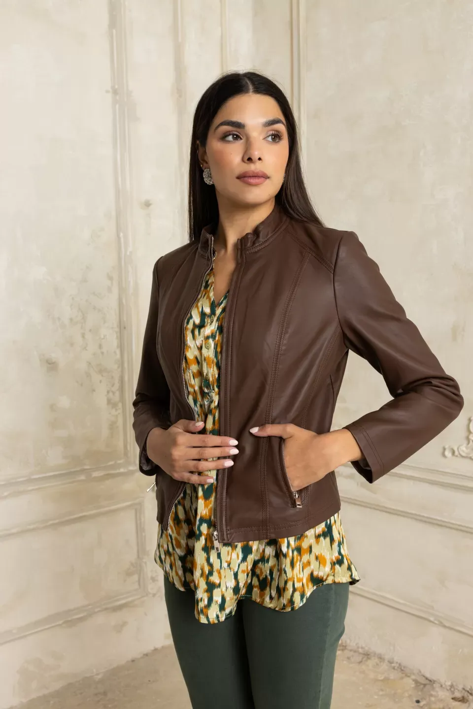 Open Jacket δερματίνη κοντό καφέ