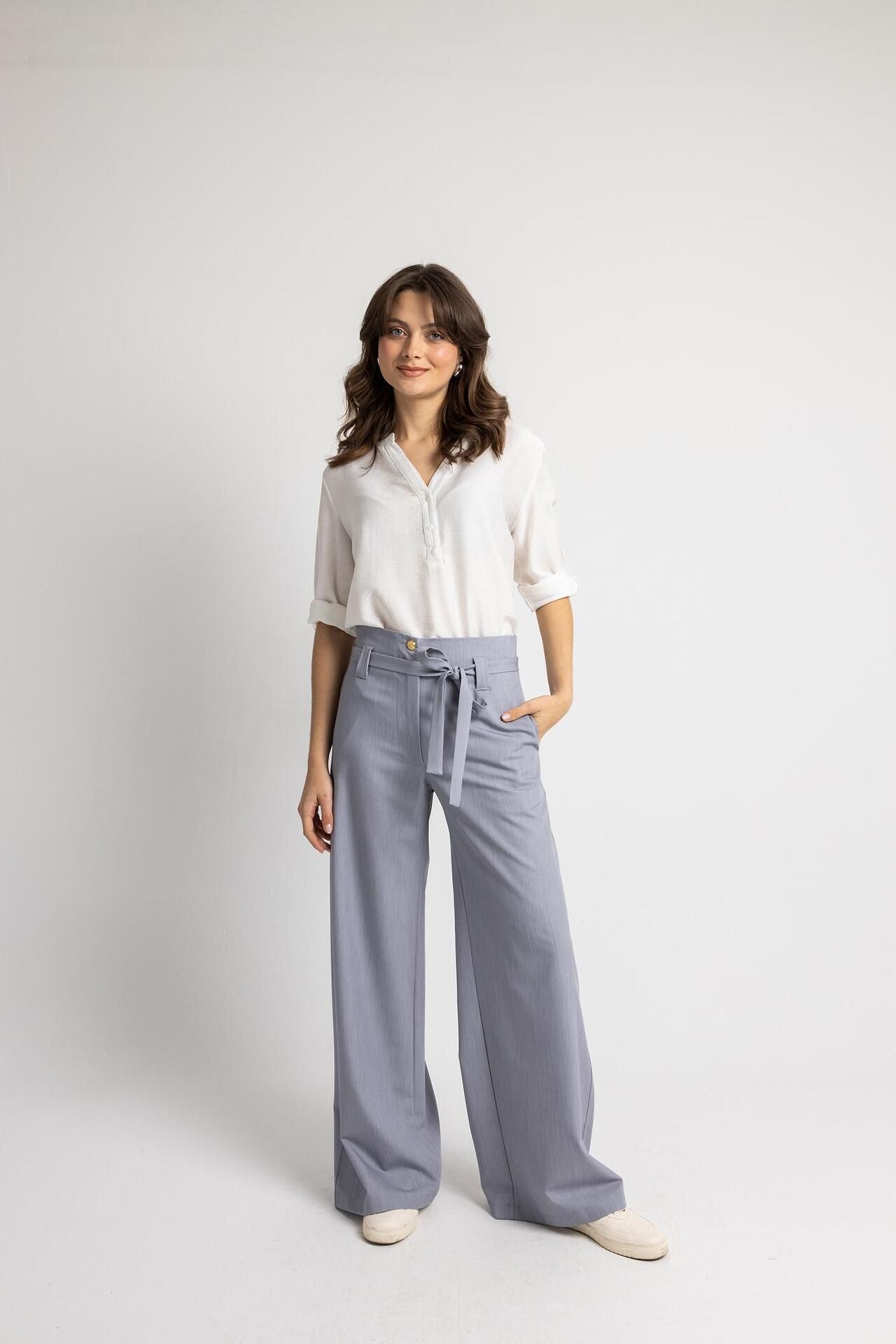 OPEN Παντελόνι ψηλόμεσο σε φαρδιά γραμμή γκρι