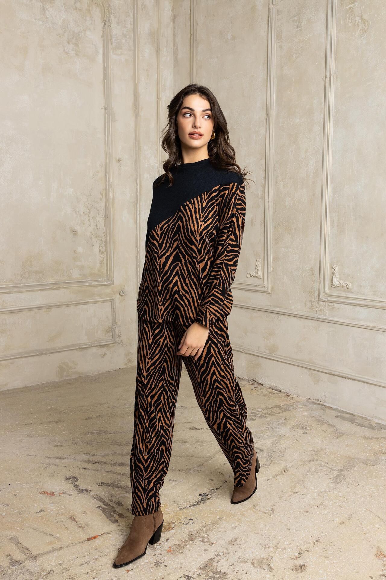 Open Μπλούζα μακρυμάνικη καφέ-ζεβρέ