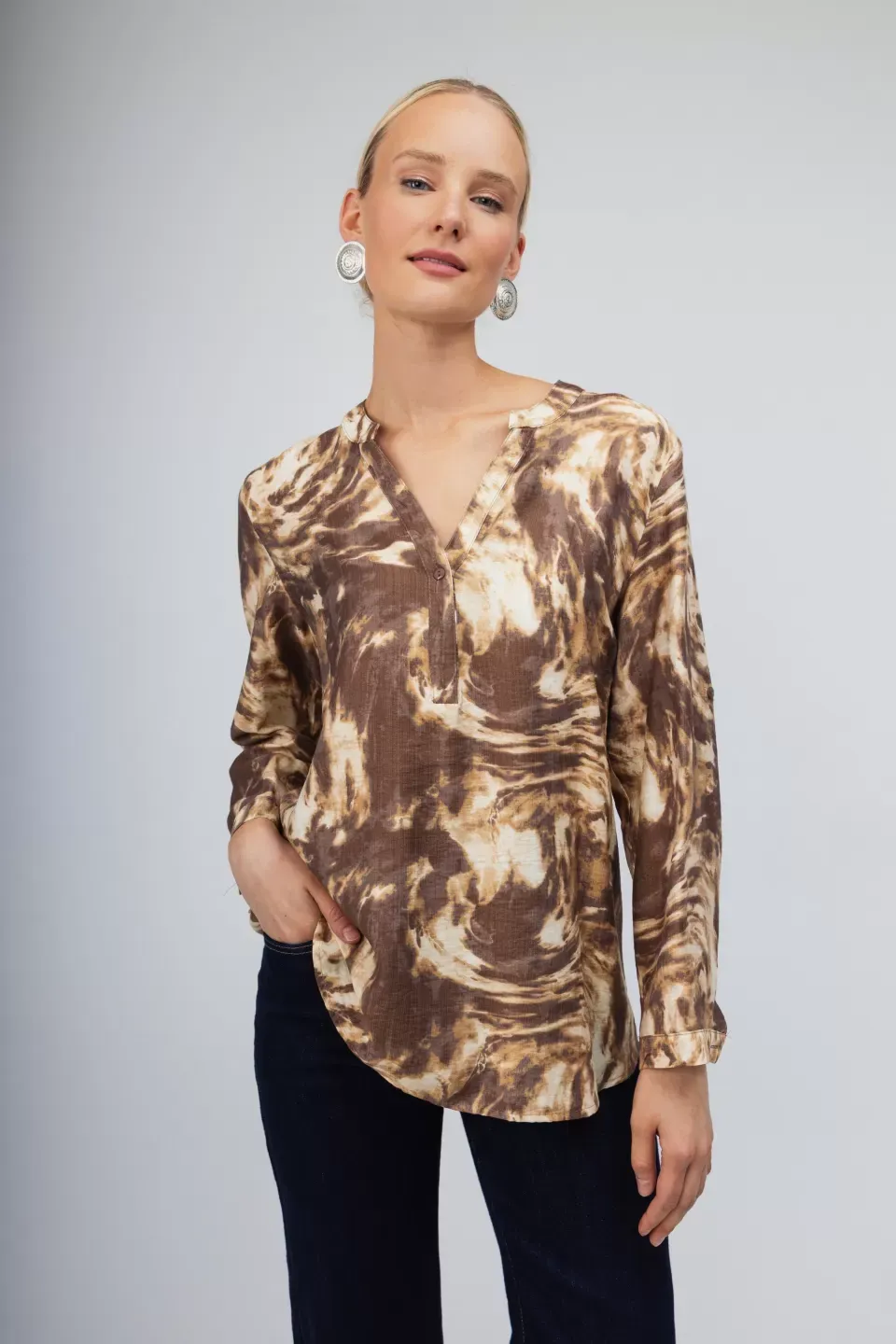 OPEΝ Πουκάμισο Καφέ Εμπριμέ