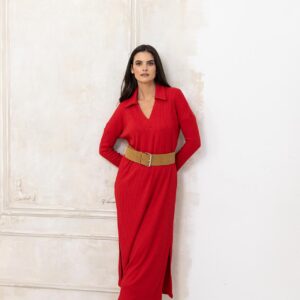 Φόρεμα πλεκτό με γιακά και σκισίματα κόκκινο