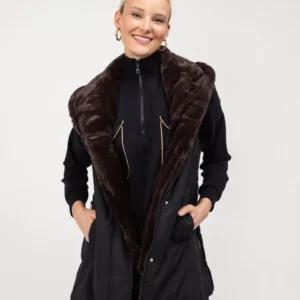 OPEN Μπουφάν Αμάνικο Μαύρο με Αποσπώμενη Οικολογική Γούνα