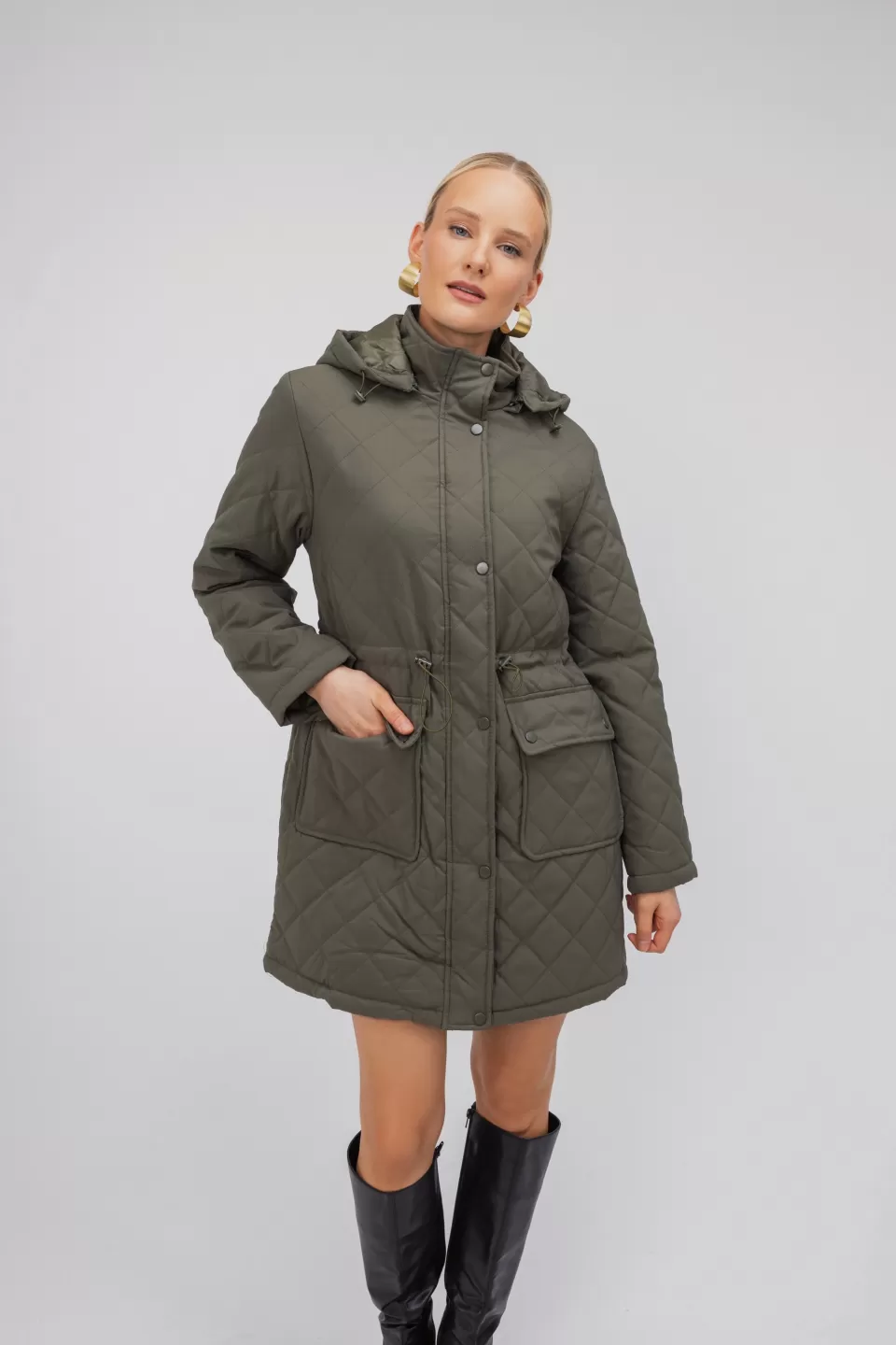 OPEN Μπουφάν Καπιτονέ Χακί με Φερμουάρ και Κουκούλα