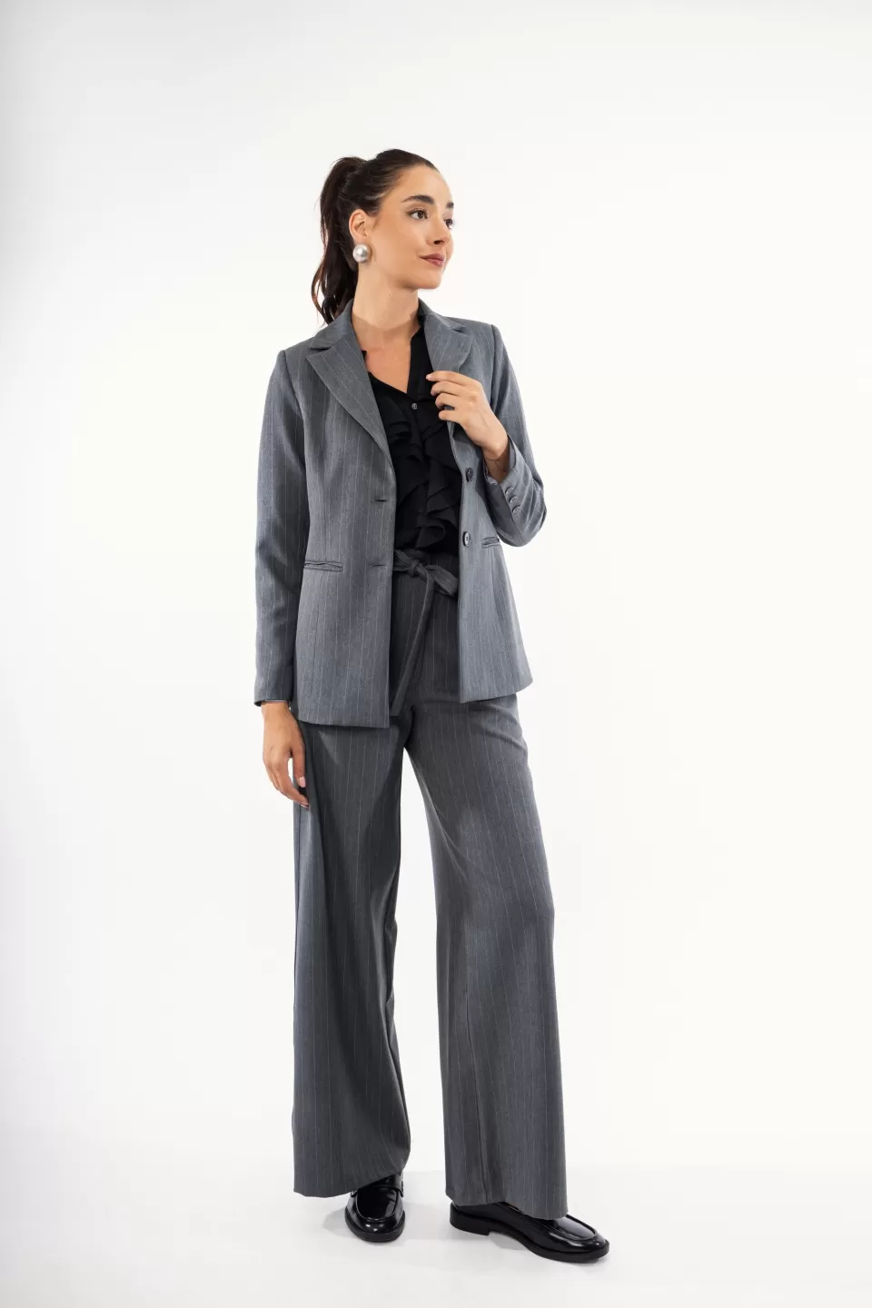 OPEN Παντελόνι γκρι ριγέ με ζώνη