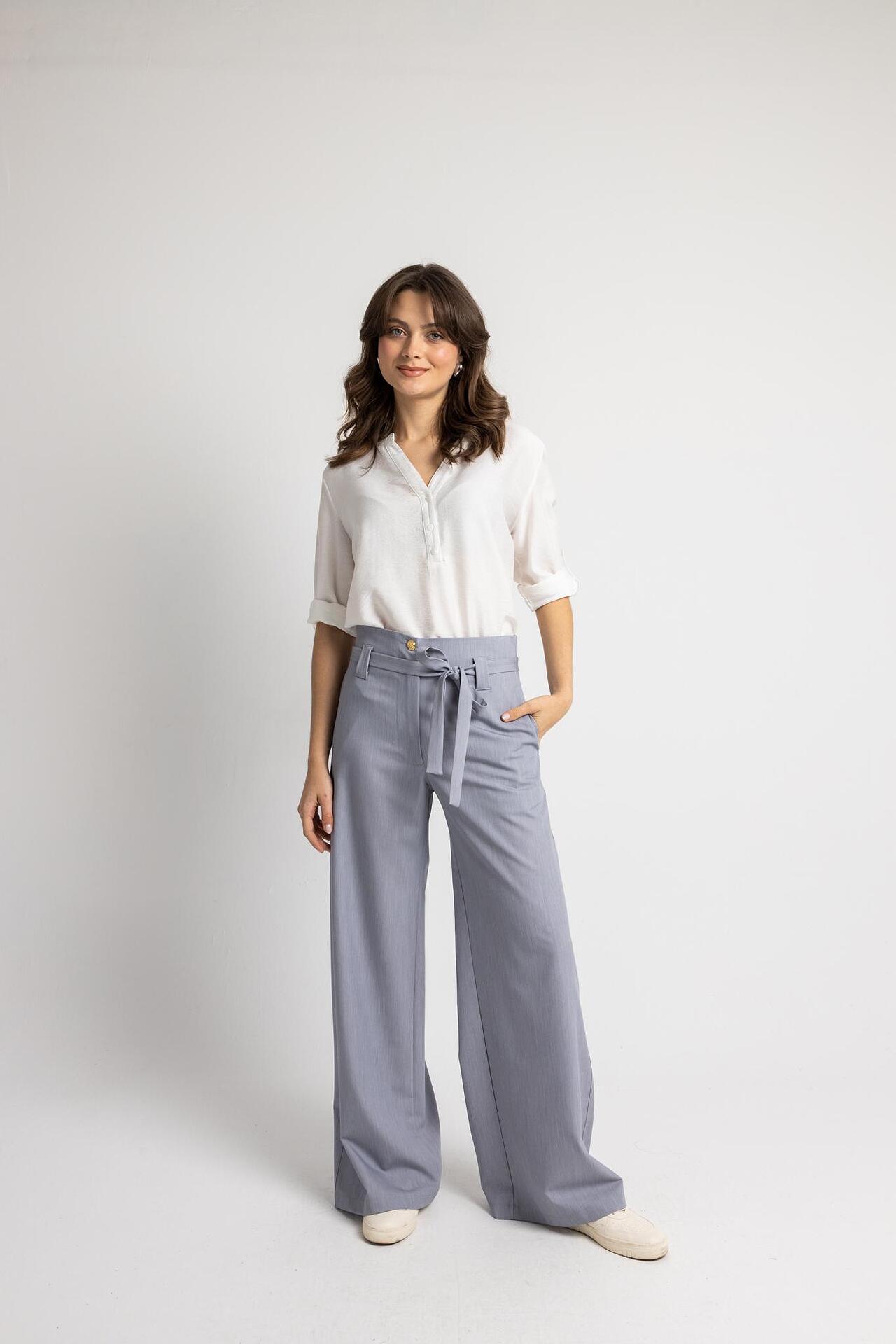 OPEN Παντελόνι ψηλόμεσο σε φαρδιά γραμμή γκρι