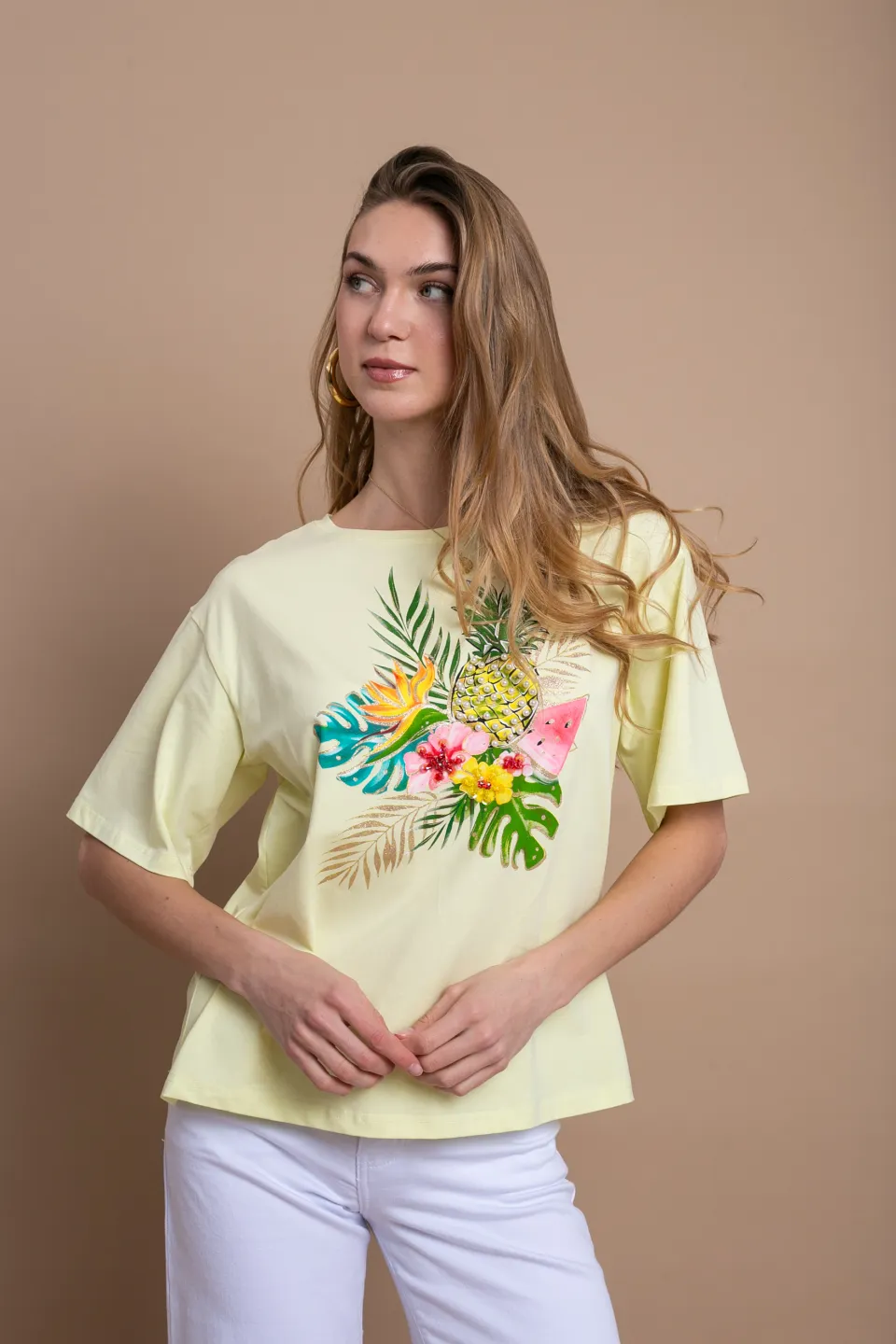 Open Κοντομάνικη Μπλουζα με Σχέδιο Ανανά και Λουλούδια | Κίτρινο