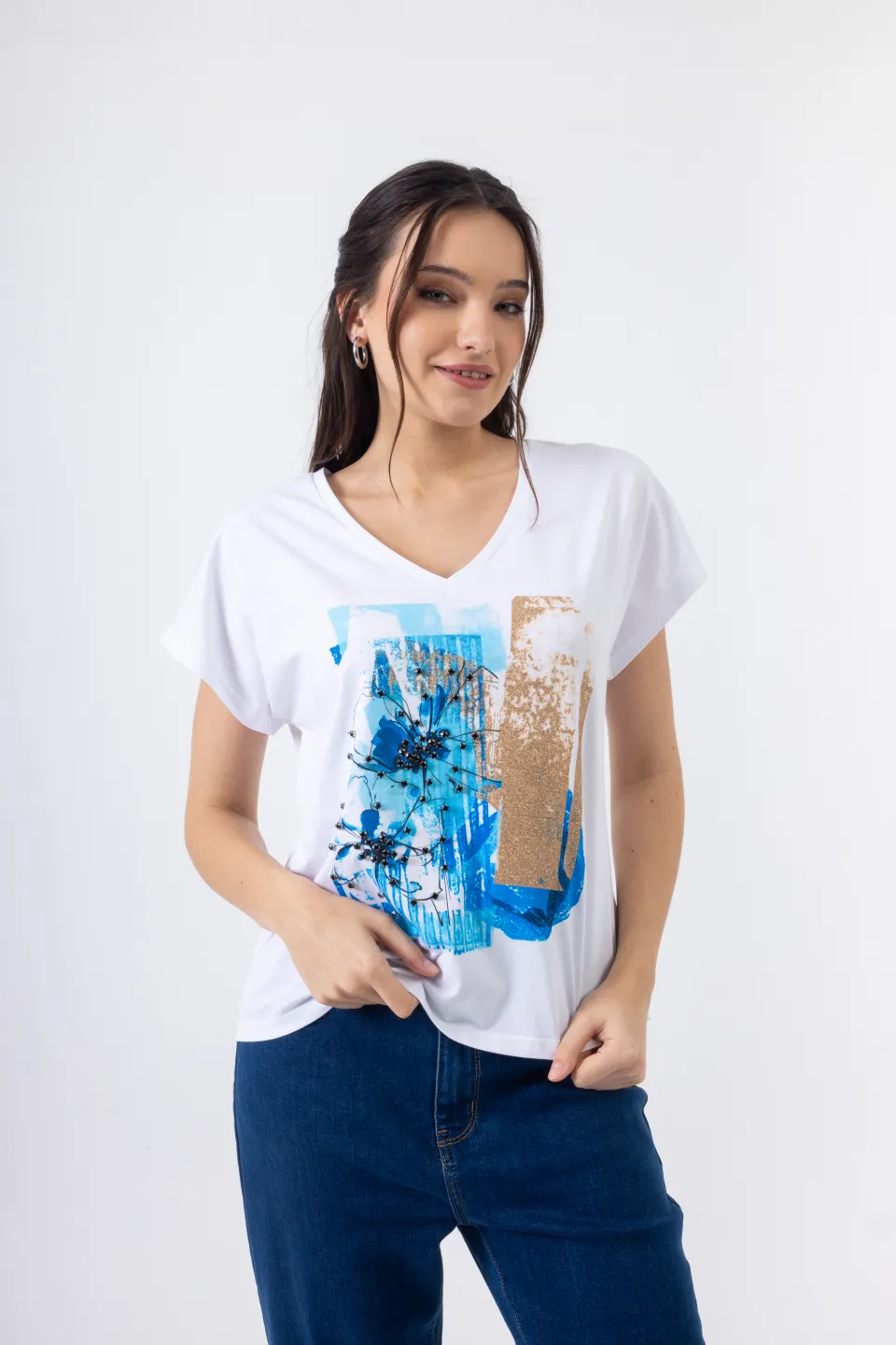 Open Κοντομάνικη Μπλούζα με Καλλιτεχνικό Τύπωμα | Λευκό