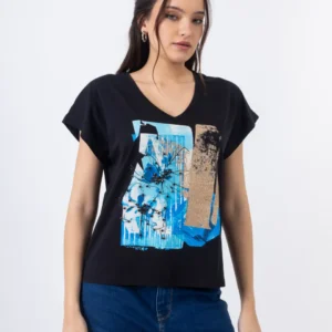 Open Κοντομάνικη Μπλούζα με Καλλιτεχνικό Τύπωμα | Μαύρο