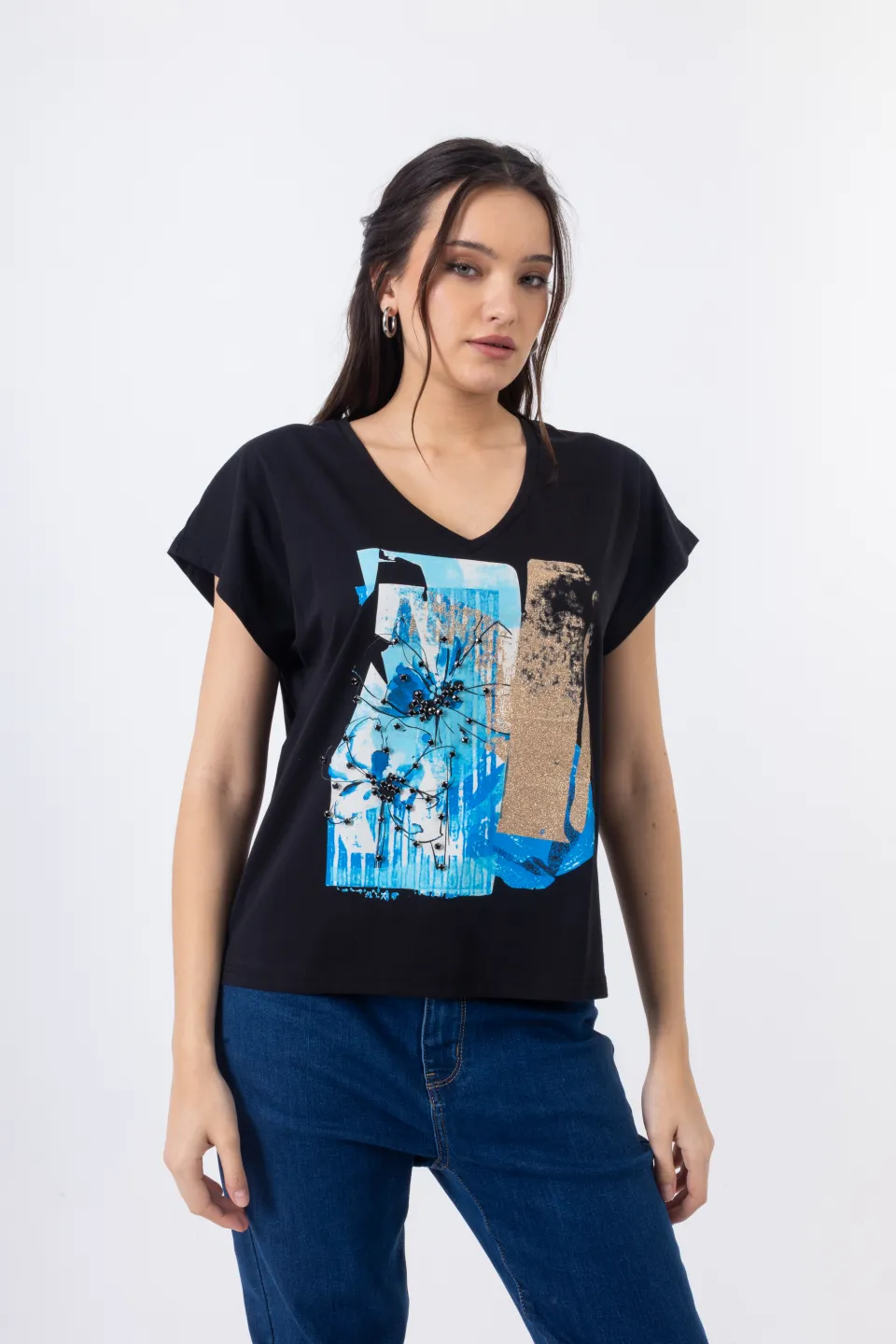 Open Κοντομάνικη Μπλούζα με Καλλιτεχνικό Τύπωμα | Μαύρο