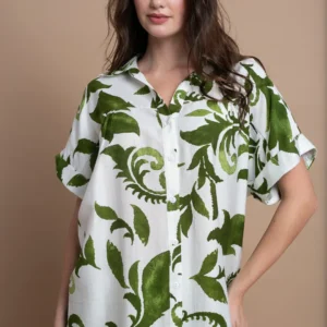 Open Κοντομάνικη Πουκαμίσα με Πράσινο Print | Λευκό