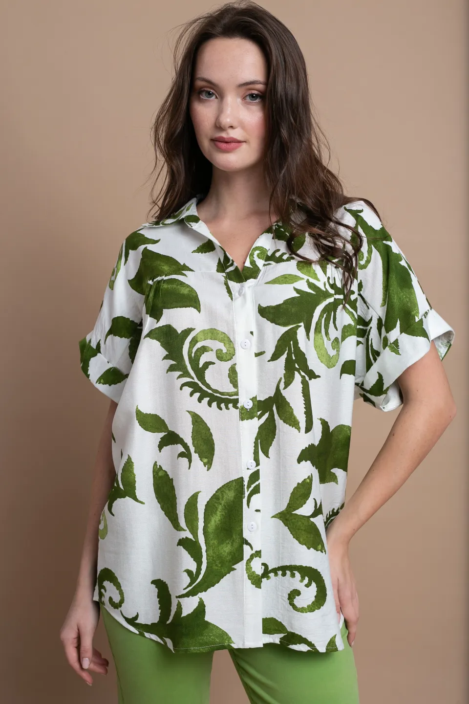 Open Κοντομάνικη Πουκαμίσα με Πράσινο Print | Λευκό