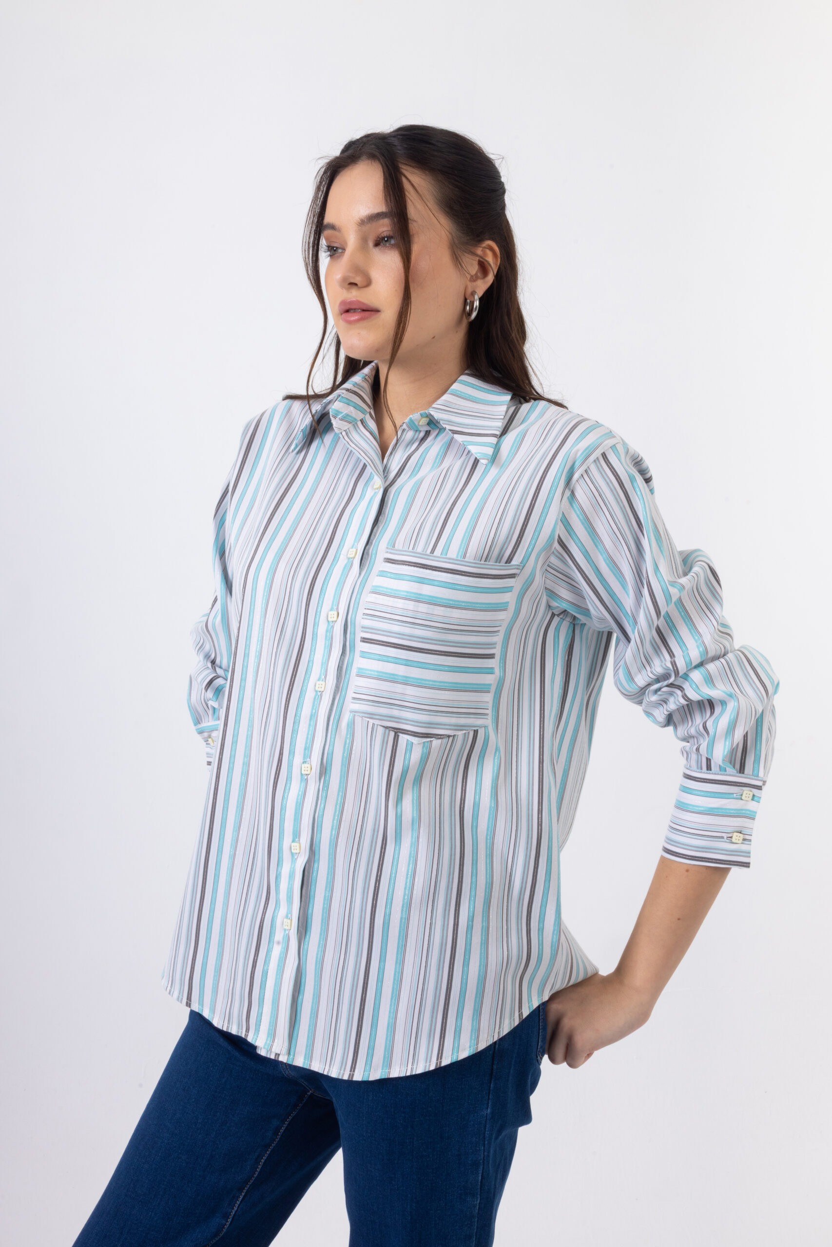 Open Πουκάμισο Ριγέ με Γιακά και Τσέπη | Γαλάζιο