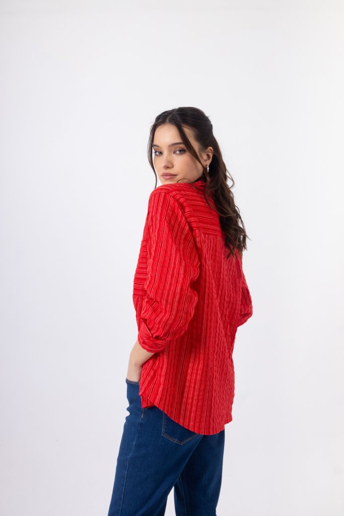 Open Πουκάμισο Ριγέ με Γιακά και Τσέπη | Κόκκινο