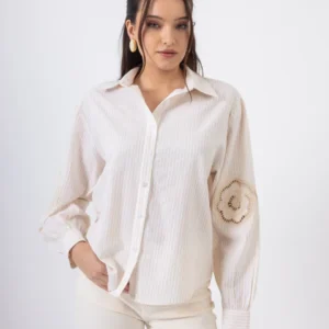 Open Πουκάμισο Ριγέ με Κέντημα στα Μανίκια | Κίτρινο