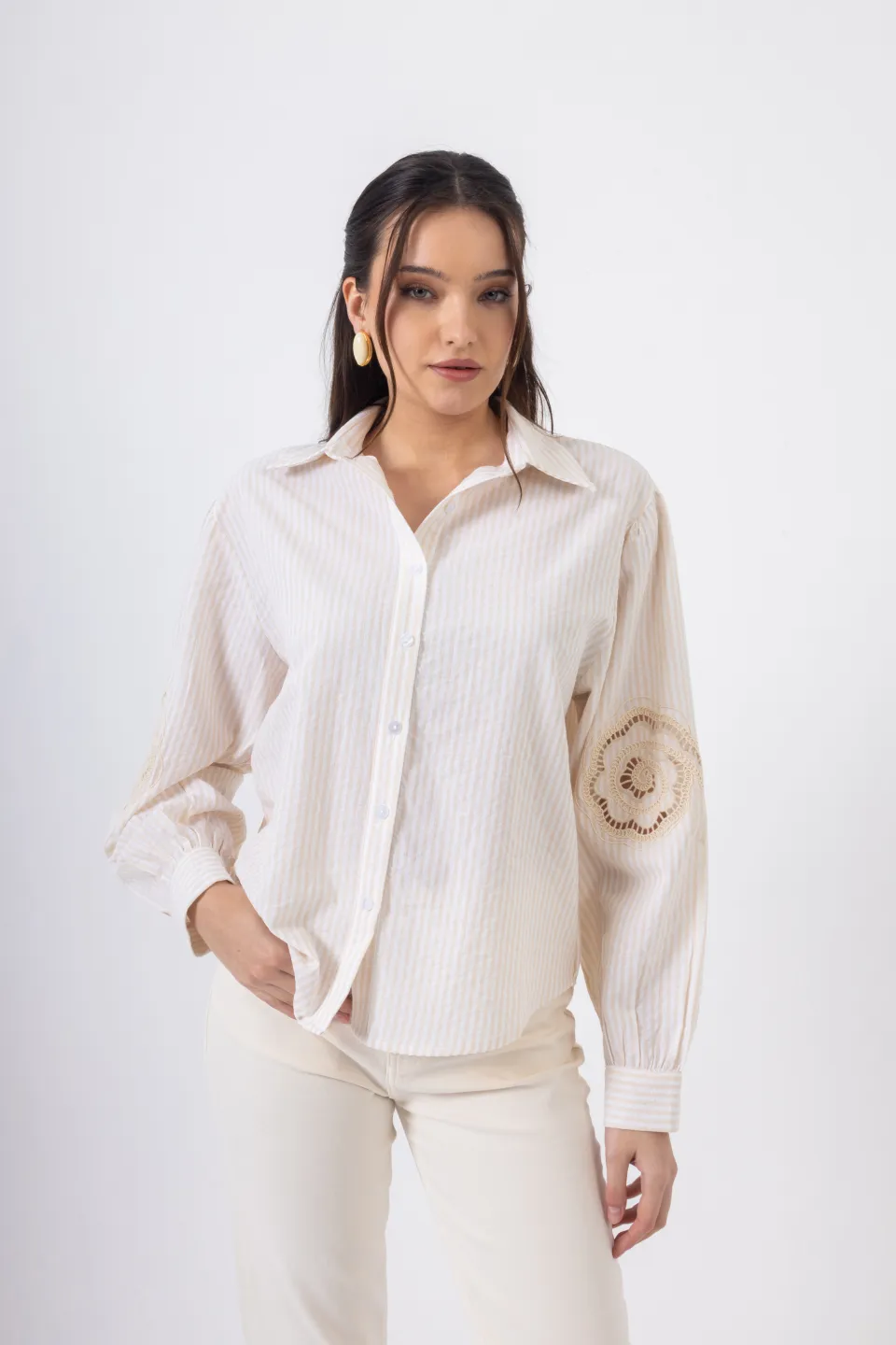 Open Πουκάμισο Ριγέ με Κέντημα στα Μανίκια | Κίτρινο