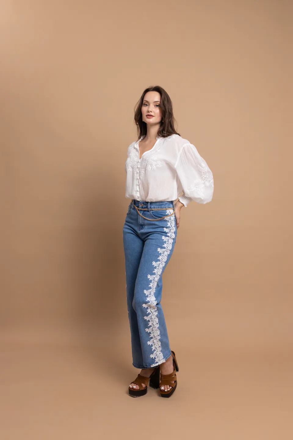 Open Τζιν Παντελόνι με Δαντέλα στο Πλάι