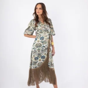 Open Κρουαζέ Maxi Φόρεμα με Paisley Σχέδιο , Κρόσσια & Λαχούρια | Olive