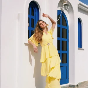 Open Maxi Φόρεμα Κρουαζέ με Βολάν Μανίκια και Ζώνη Μέσης | Κίτρινο