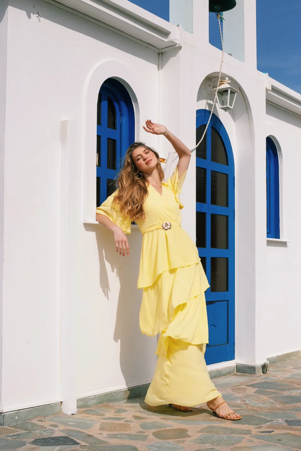 Open Maxi Φόρεμα Κρουαζέ με Βολάν Μανίκια και Ζώνη Μέσης | Κίτρινο