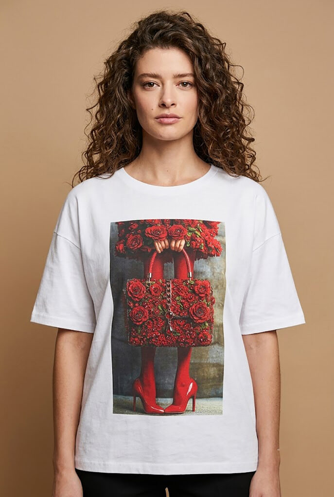 Dejavu T-Shirt με Στάμπα Τσάντα και Τριαντάφυλλα