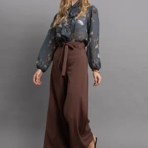 Open Παντελόνι Wide Leg με Εξωτερικές Ραφές και Ζωνάκι | Καφέ