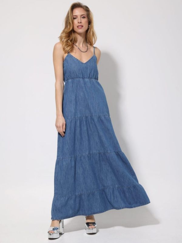 Tresor Mάξι Denim Φόρεμα Mε Τιράντες Blue Jean